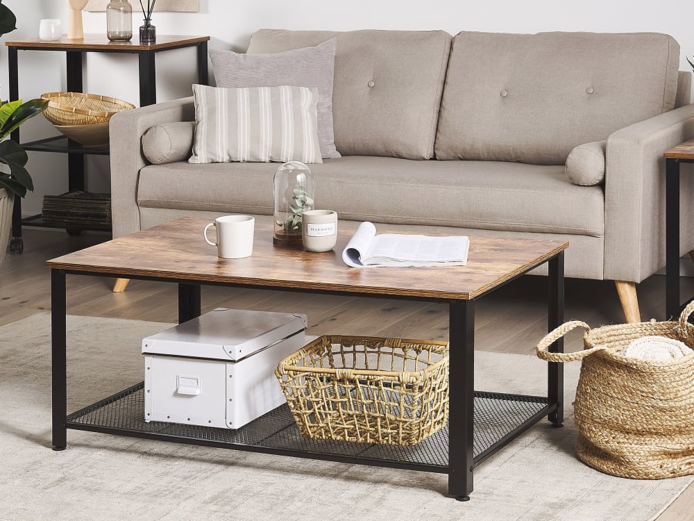 Table basse bois foncé et noire plateau effet bois foncé vieilli