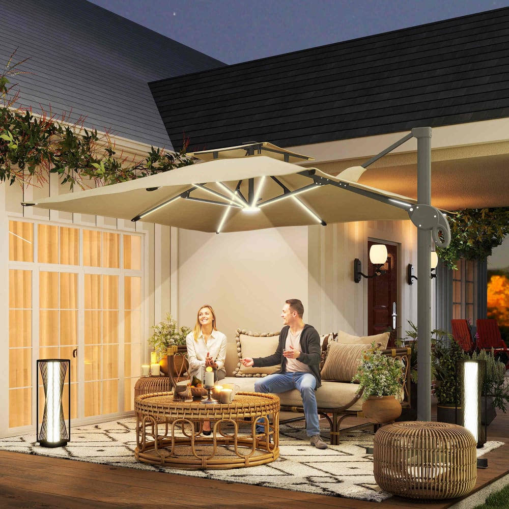 Parasol déporté LED carré double toit inclinable pivotant 360° beige