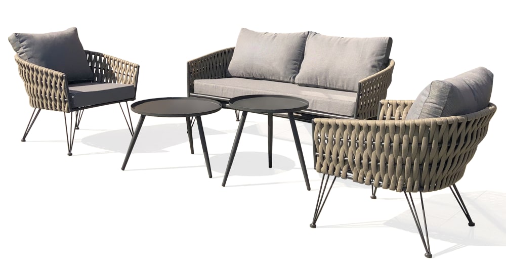 Salon de jardin 4 places en corde tissée taupe et acier gris