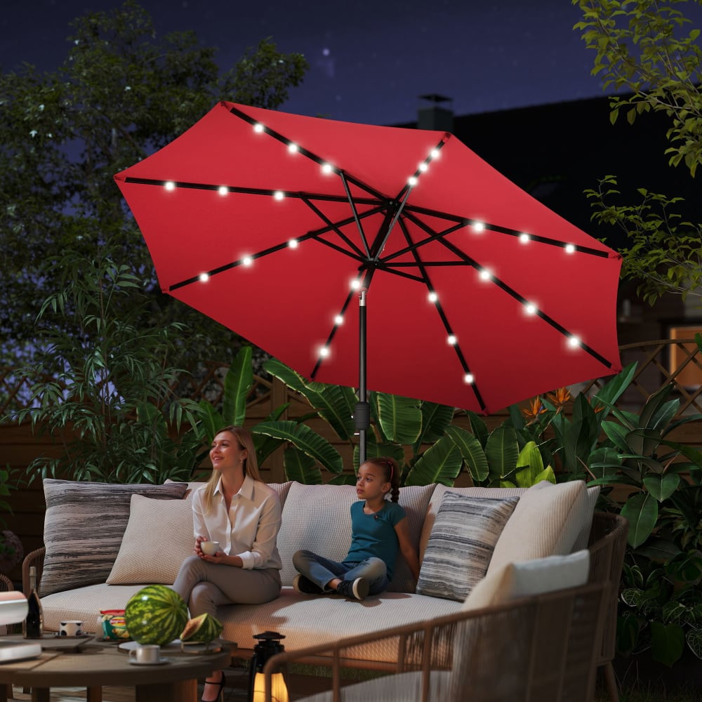 Parasol lumineux LED octogonal inclinable bordeaux