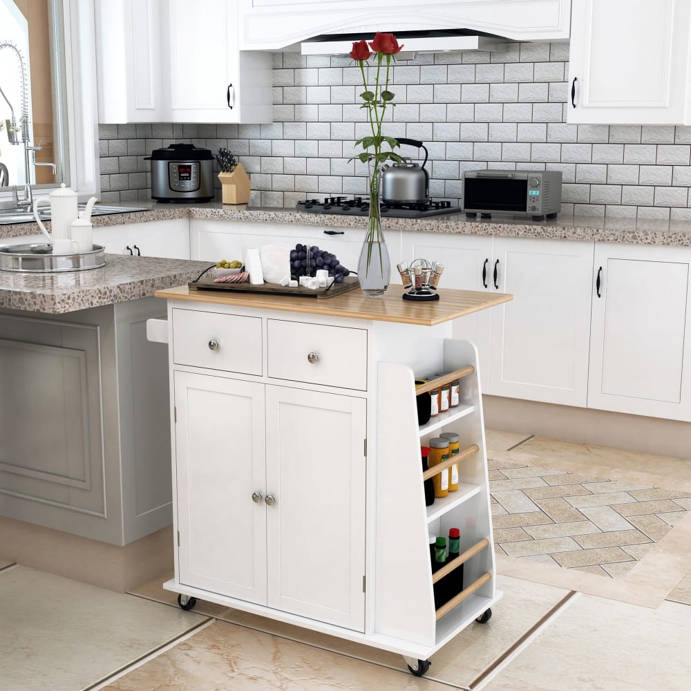 Desserte de cuisine multi rangements MDF blanc hévéa