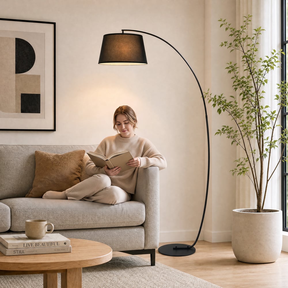 Lampadaire à arc salon courbée h190 cm métal lin noir — vue 3