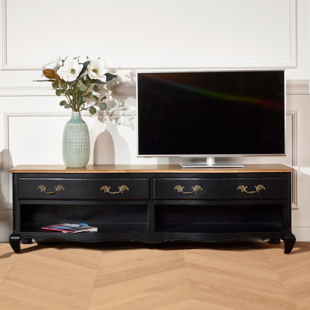 Meuble tv style shabby chic plateau en chêne noir