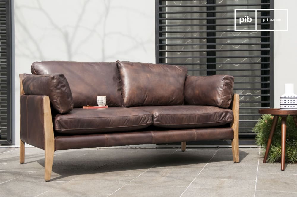 Divano vintage a 2 posti in pelle marrone - PIB