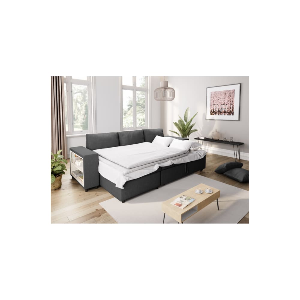 Canapé d'angle convertible et poufs en tissu - Gris foncé