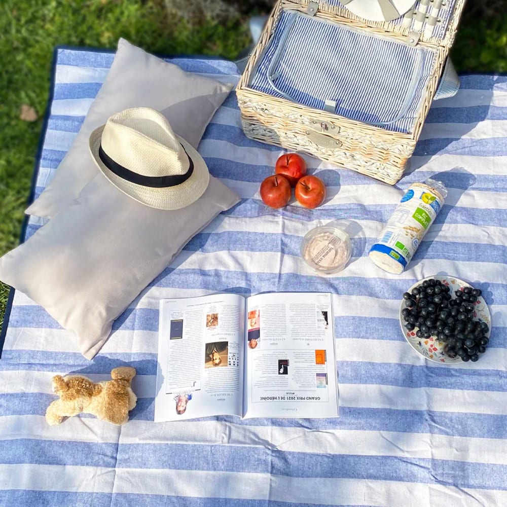 Tovaglia da picnic con rovescio impermeabile blu e bianca 140 x