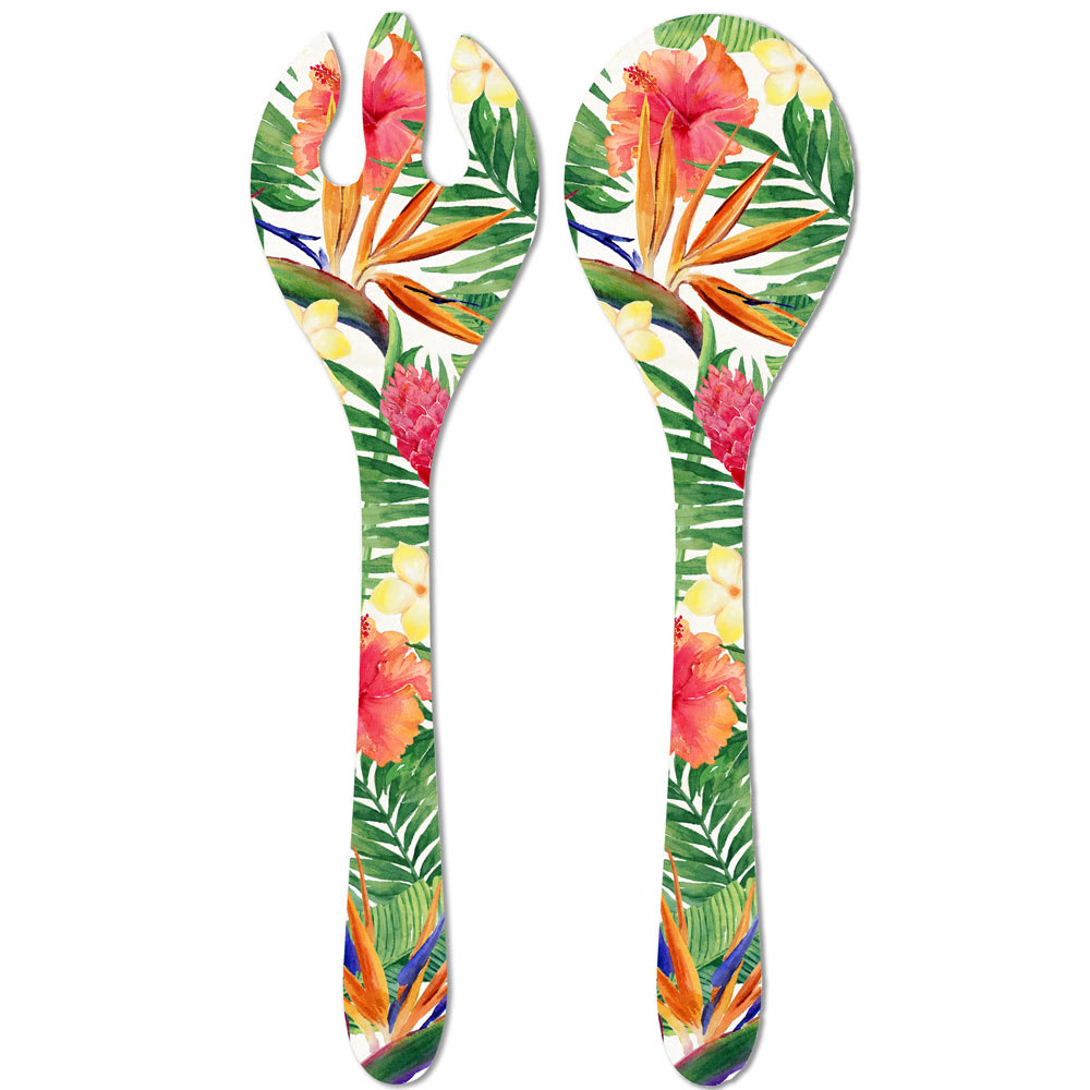 Couverts à salade en mélamine 33 cm en imprimé fleurs exotiques