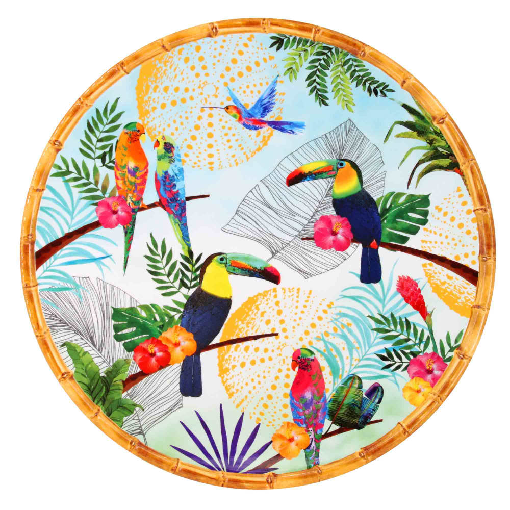 Plat de service rond en mélamine imprimé de toucans Plat de service rond en mélamine imprimé de toucans