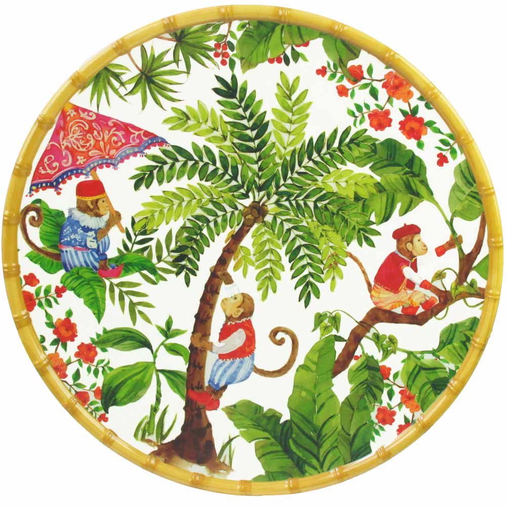 Plat de service rond en mélamine 35,5 cm décoré par des singes de bali