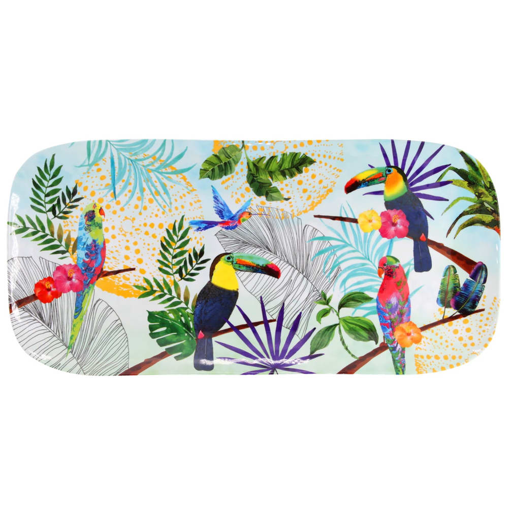 Plat à cake rectangulaire en mélamine 37,5 cm imprimé de toucans
