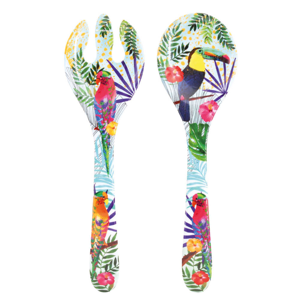 Couverts à salade en mélamine 33 cm imprimé toucans