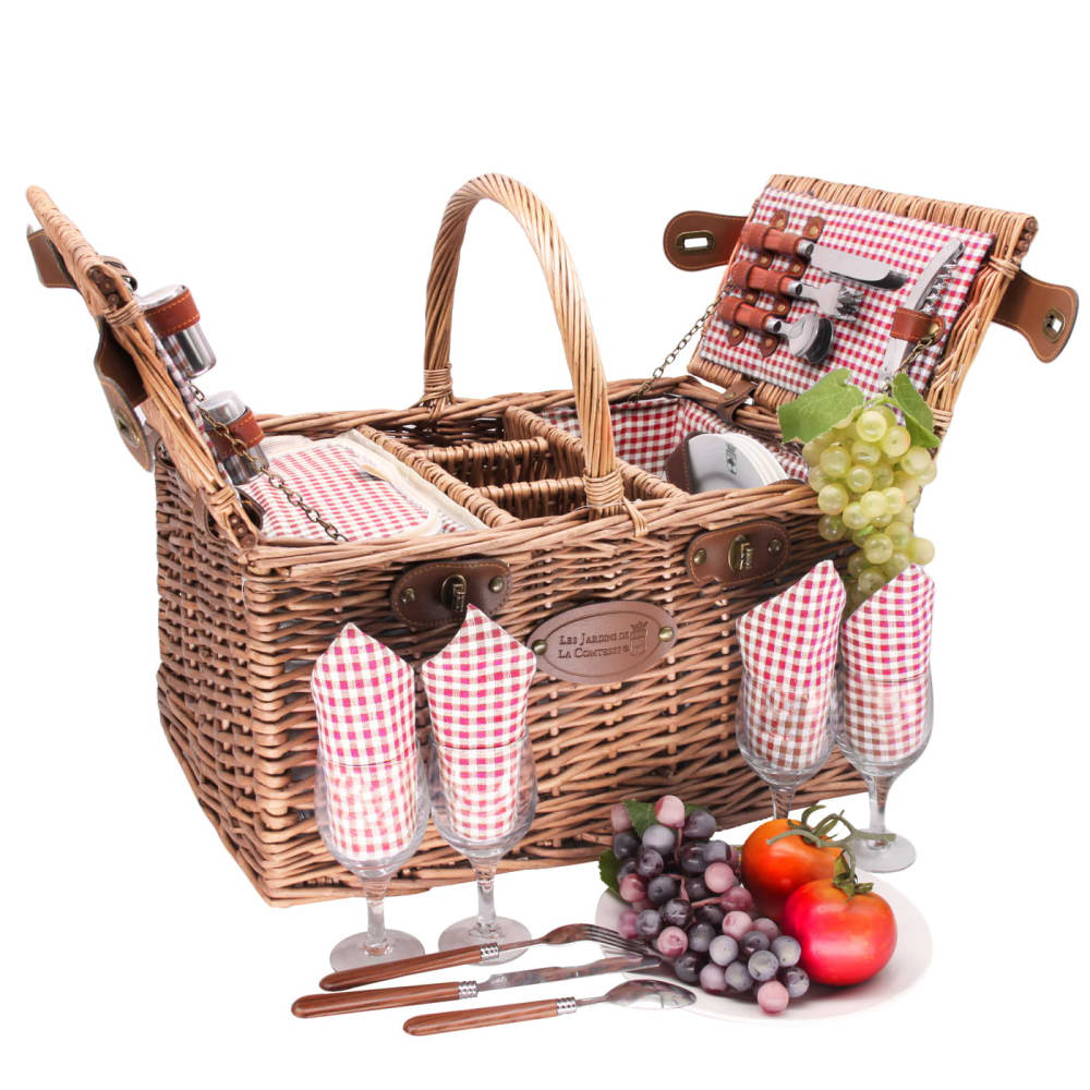 Cesta de picnic de mimbre st-germain vichy rojo para 4 personas