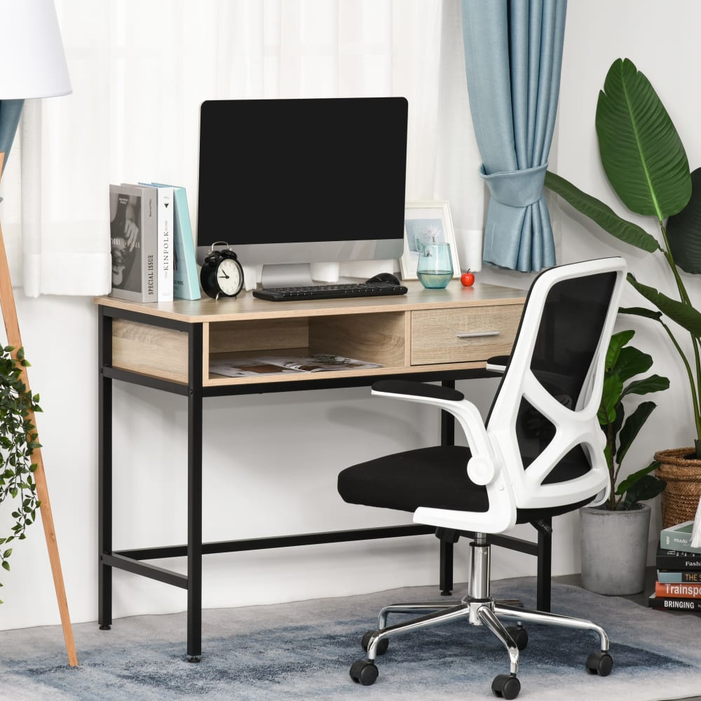 Bureau style industriel casier tiroir métal noir aspect chêne clair