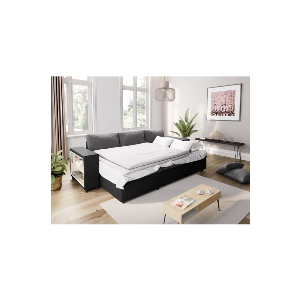 Canapé d'angle convertible et poufs en simili/microfibre - Gris / Noir