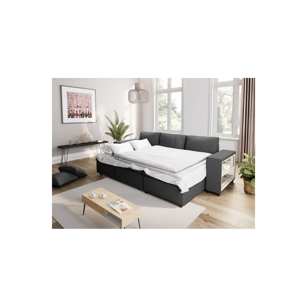 Canapé d'angle convertible et poufs en tissu - Gris foncé