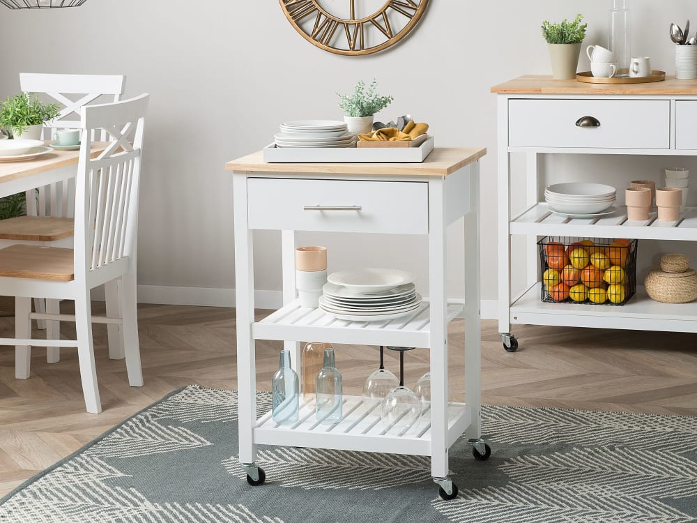 Servierwagen aus Gummibaumholz, Mdf-platte 86cm, weiß - Maisons