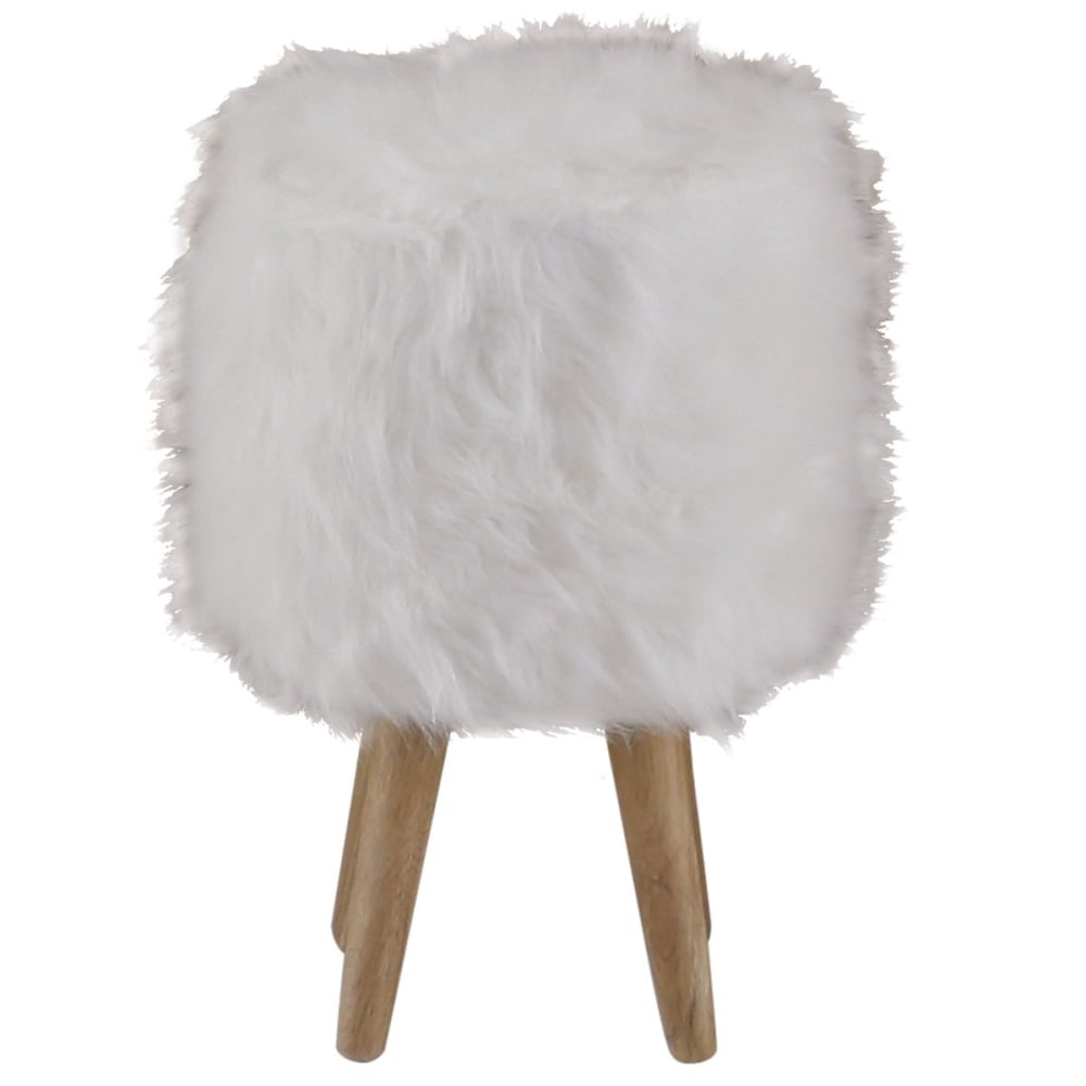 Pouf fourrure synthétique blanche et hévéa