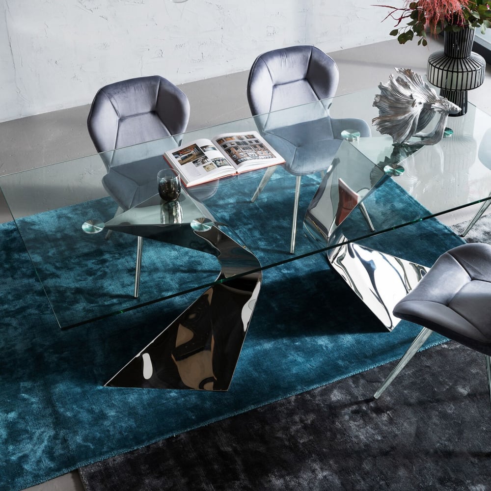 Esstisch für 8 Personen aus Glas und Stahl, silber, L200cm -