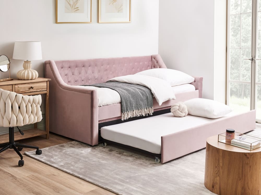 Lit gigogne en tissu rose 90x200