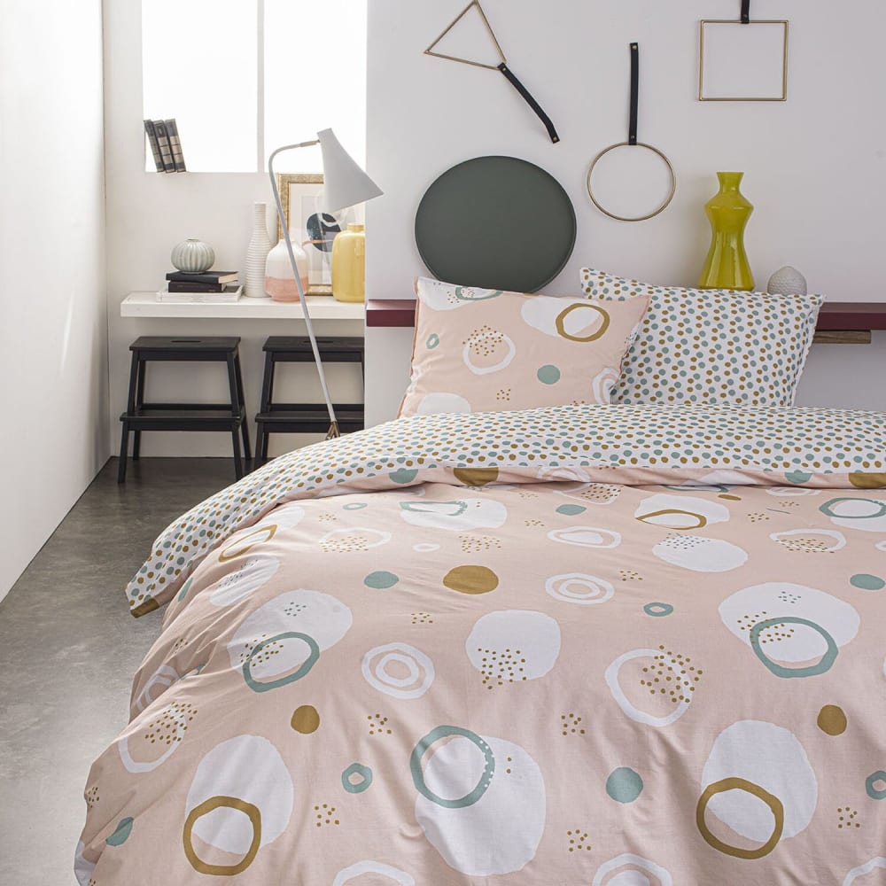Home collection Parure housse de couette coton imprimée + 2 taies 260x240 cm style classique chic Rose Certifié Oeko-Tex