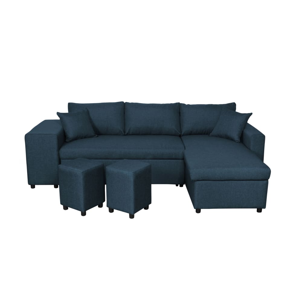 Canapé d'angle convertible et poufs en tissu - Bleu pétrole