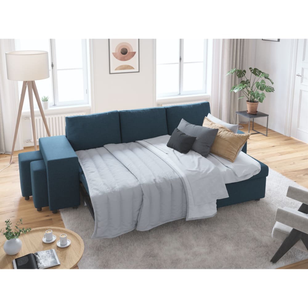 Canapé d'angle convertible et poufs en tissu - Bleu pétrole