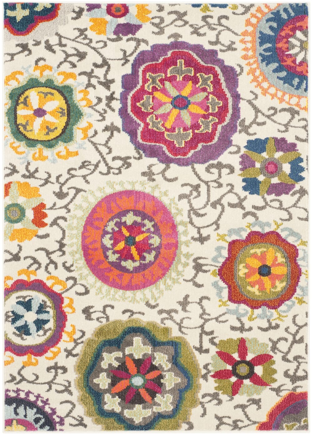 Tapis bohème chic en polypropylène blanc/multicolore, 91 x 152 cm