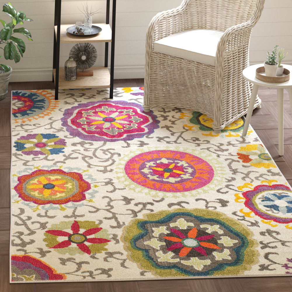 Tapis bohème chic en polypropylène blanc/multicolore, 155 x 231 cm - Maisons du Monde