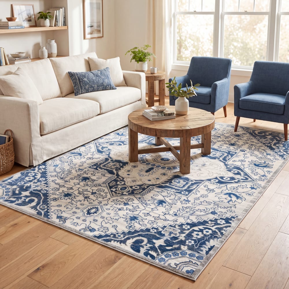 Alfombra transicional de polipropileno beige/azul, 122 x 183 cm
