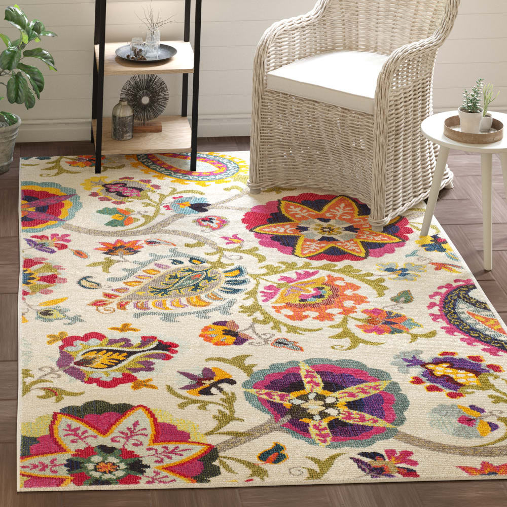 Tapis bohème chic en polypropylène blanc/multicolore, 122 x 170 cm - Maisons du Monde