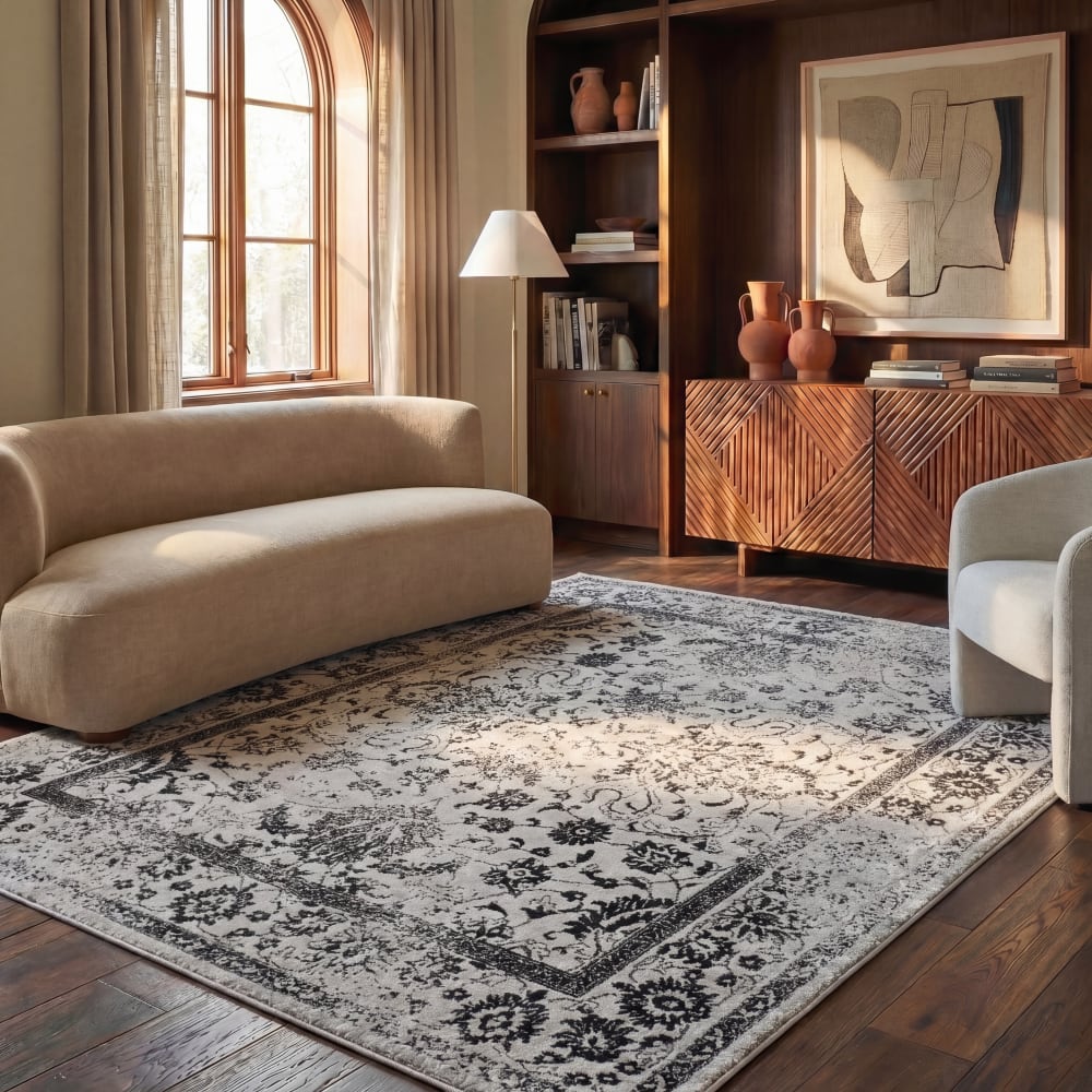 Tapis vintage patiné en polypropylène gris/noir, 155 x 229 cm — vue 3