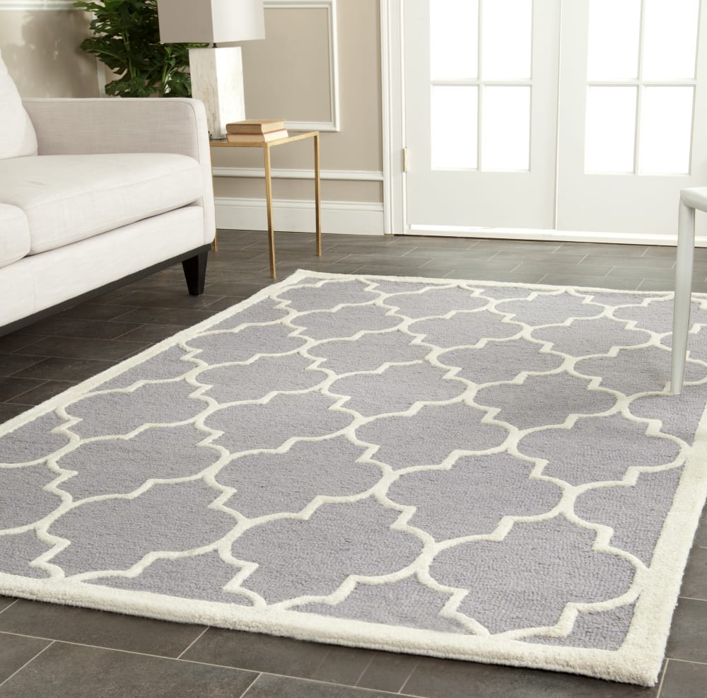 Alfombra enrejado de lana plata/blanco, 122 x 183 cm