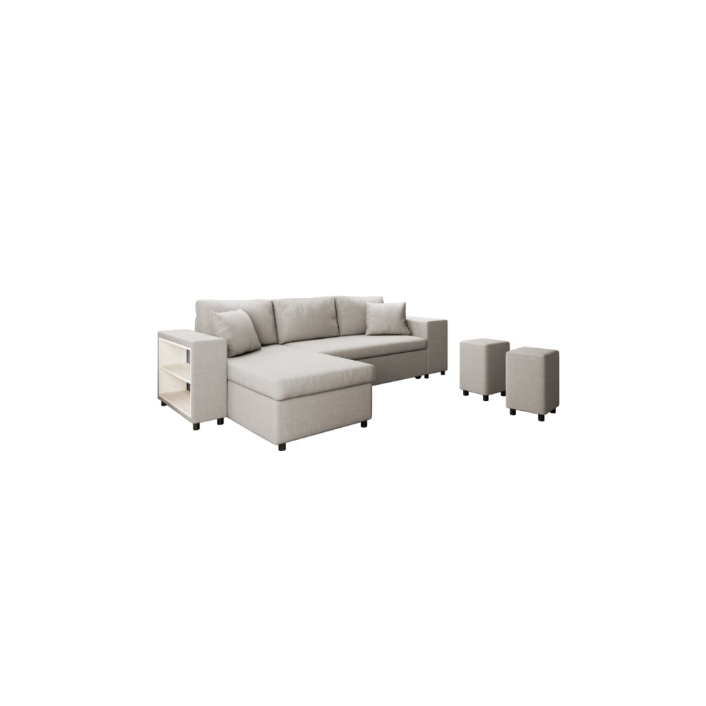 Canapé d'angle convertible et poufs en tissu - Beige