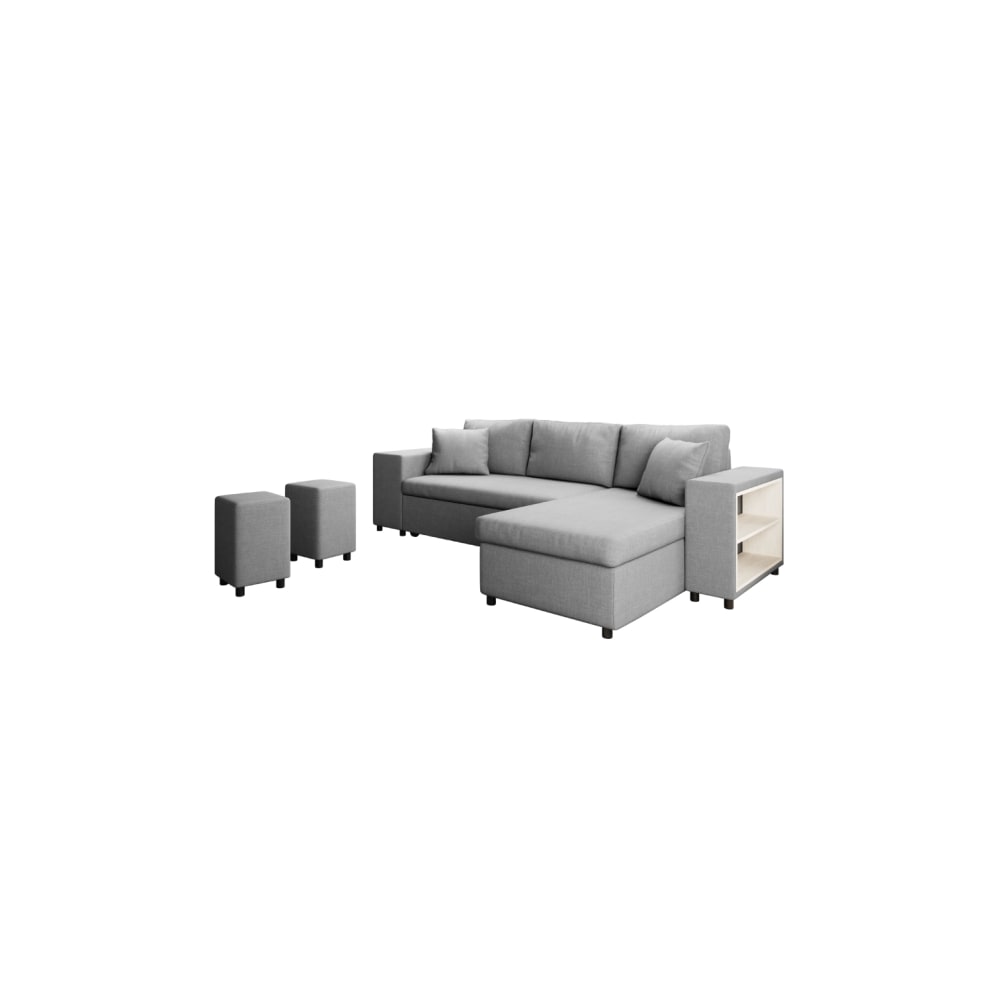 Canapé d'angle convertible et poufs en tissu - Gris clair