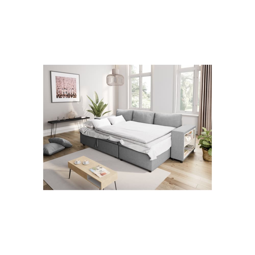 Canapé d'angle convertible et poufs en tissu - Gris clair