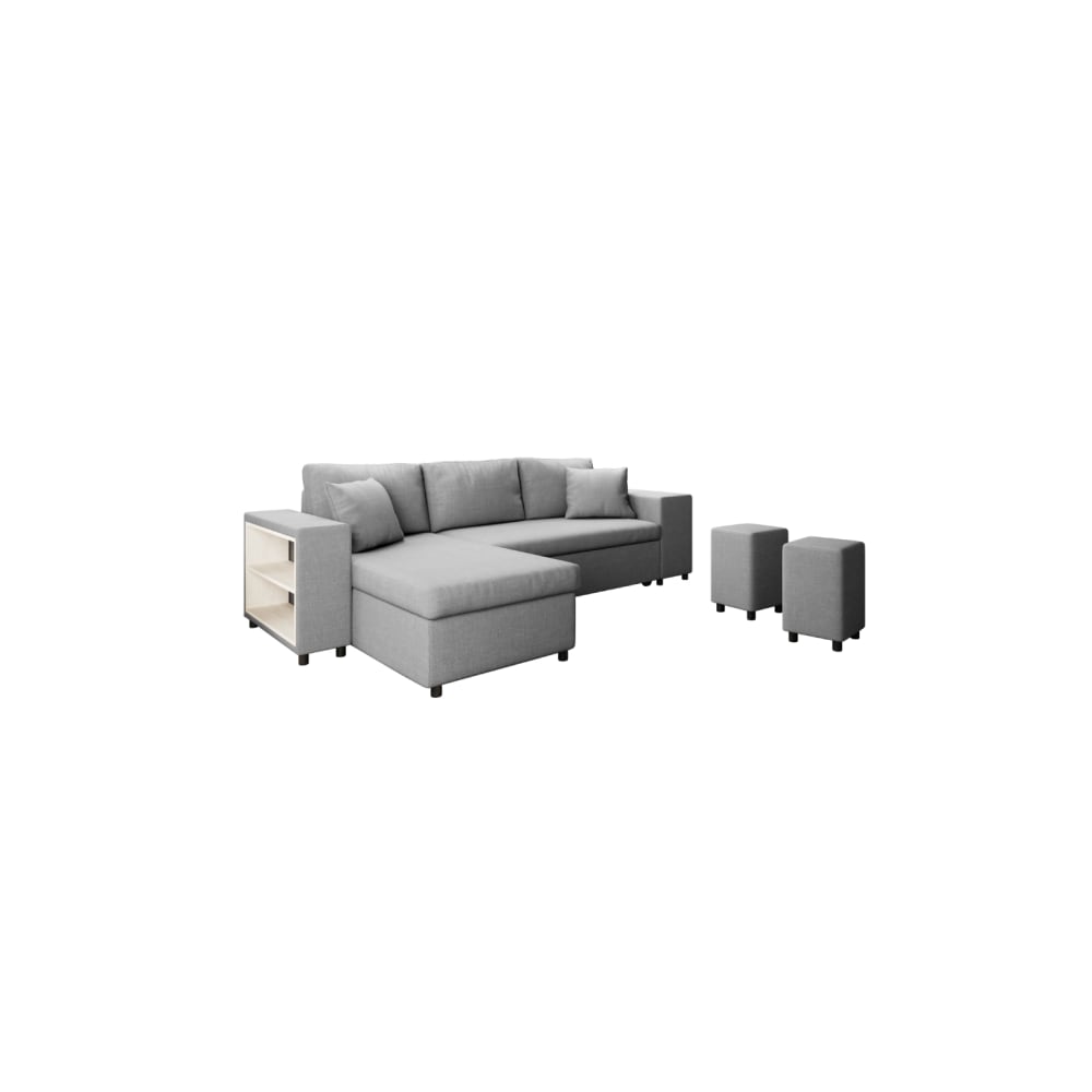 Canapé d'angle convertible et poufs en tissu - Gris clair