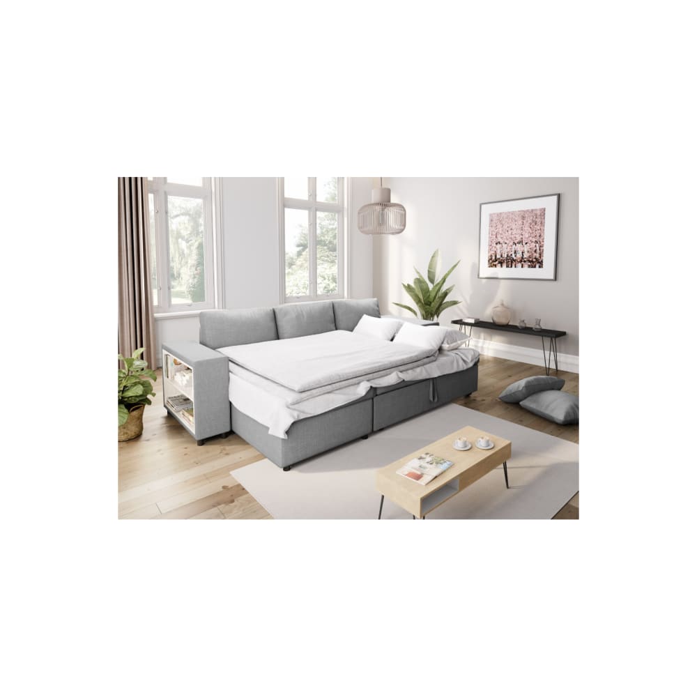 Canapé d'angle convertible et poufs en tissu - Gris clair