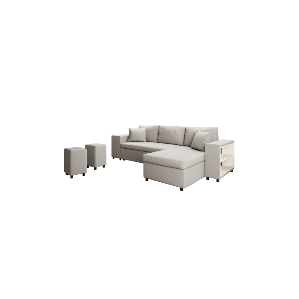 Canapé d'angle convertible et poufs en tissu - Beige