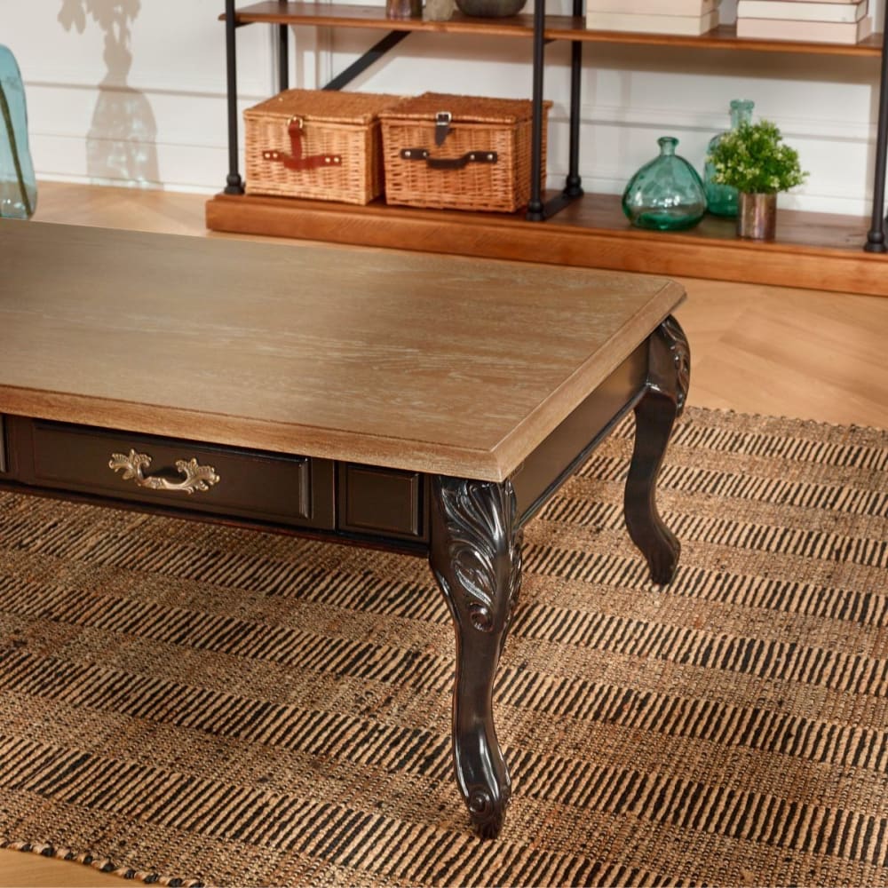 Table basse rectangulaire style shabby chic, plateau en chêne noire