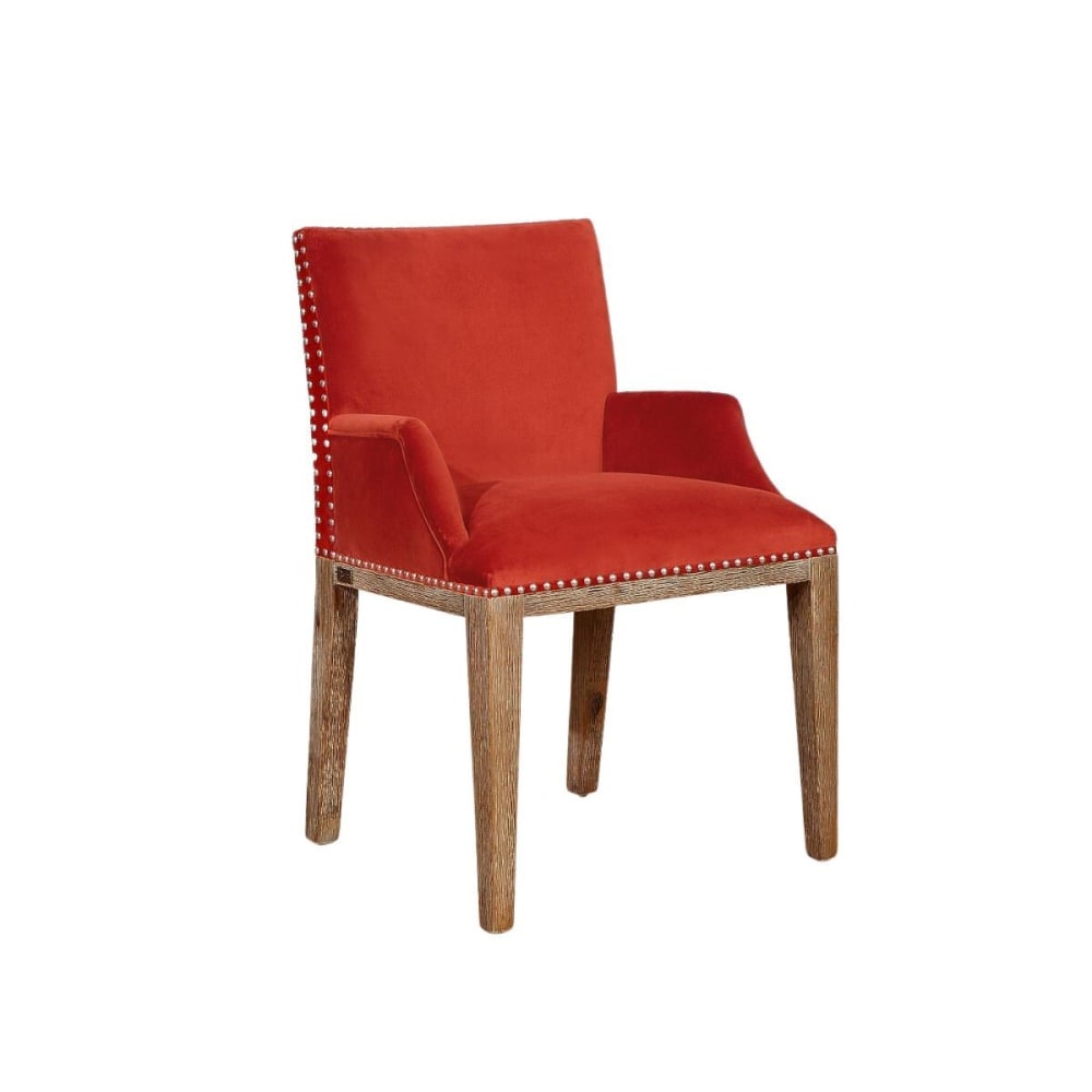 Fauteuil de table style contemporain en acacia et velours brique Fauteuil de table style contemporain en acacia et velours brique