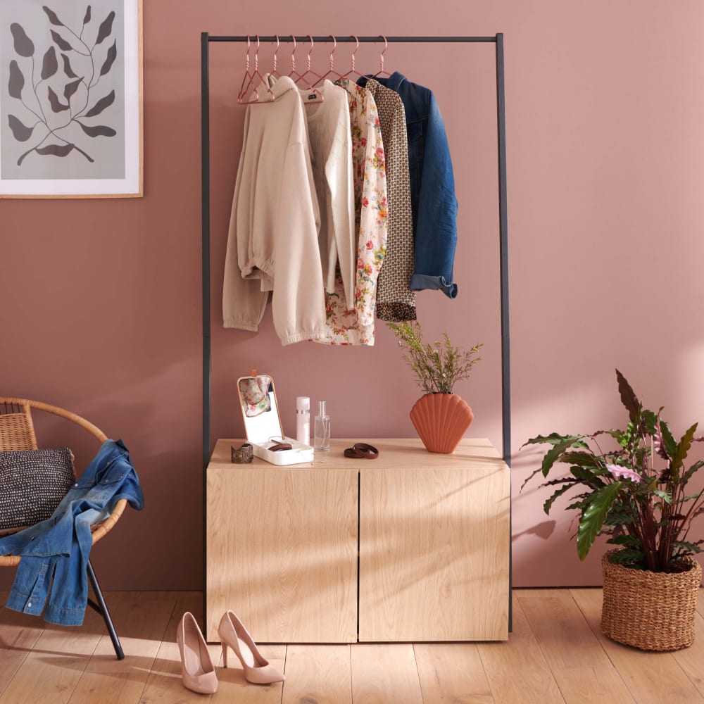 Portant vêtements bois et métal 90x175cm - avec rangement fermé