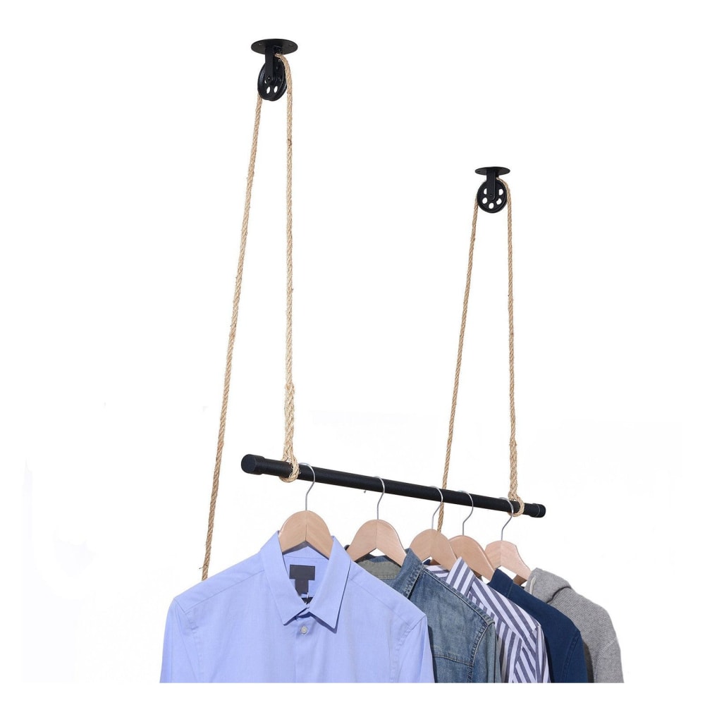 Penderie suspendue bois l100cm noir avec corde et poulie