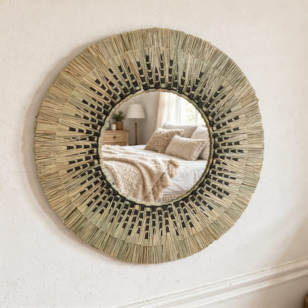Miroir rond en paille de mendong naturel et noir d60 cm - Maisons du Monde