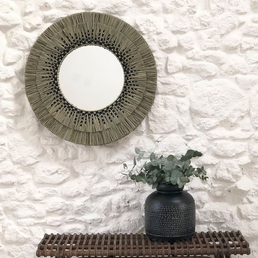 Miroir rond en paille de mendong naturel et noir d80 cm - Maisons du Monde
