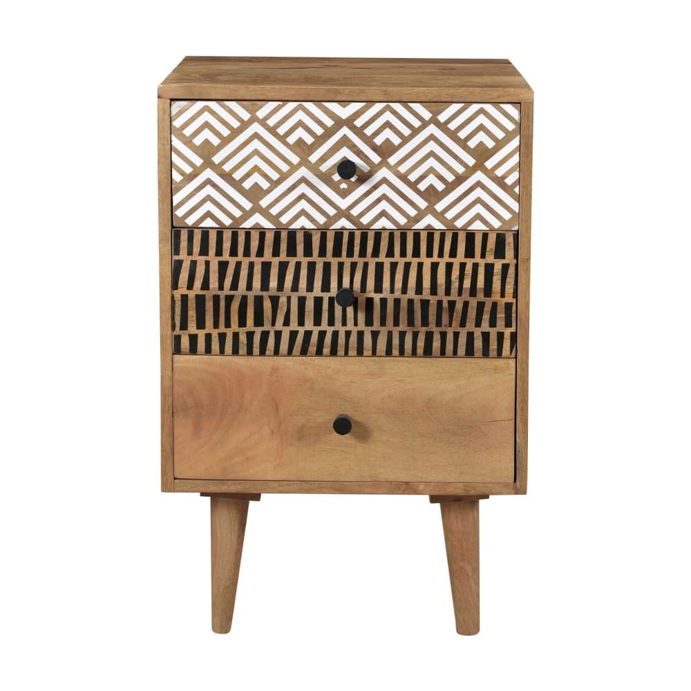 Maison Pavane Nachttisch aus Holz, 3 Schubladen mit Mustern style vintage Braun Holz
