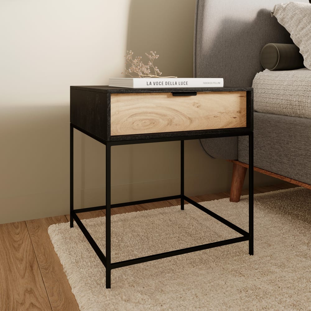 Mesita de noche de madera de acacia y metal negro con 1 cajón - Maisons du Monde