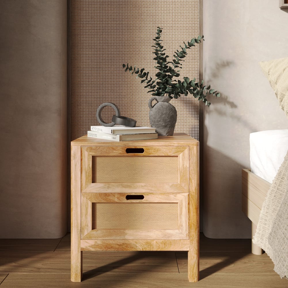 Mesita de noche de 2 cajones de madera de mango y caña - Maisons du Monde