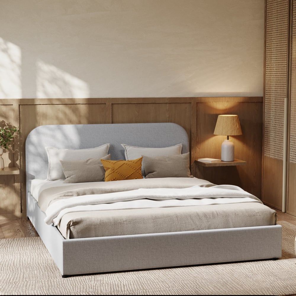Doppelbett 160x200 cm mit grauem Stoff-Überzug und Stauraum -