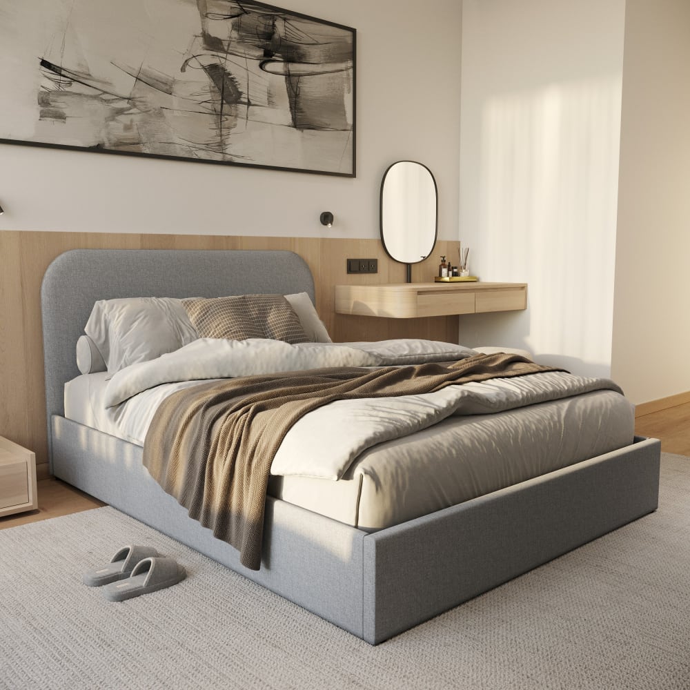 Doppelbett 140x190 cm mit Stauraum in grauem Stoff - Maisons Du