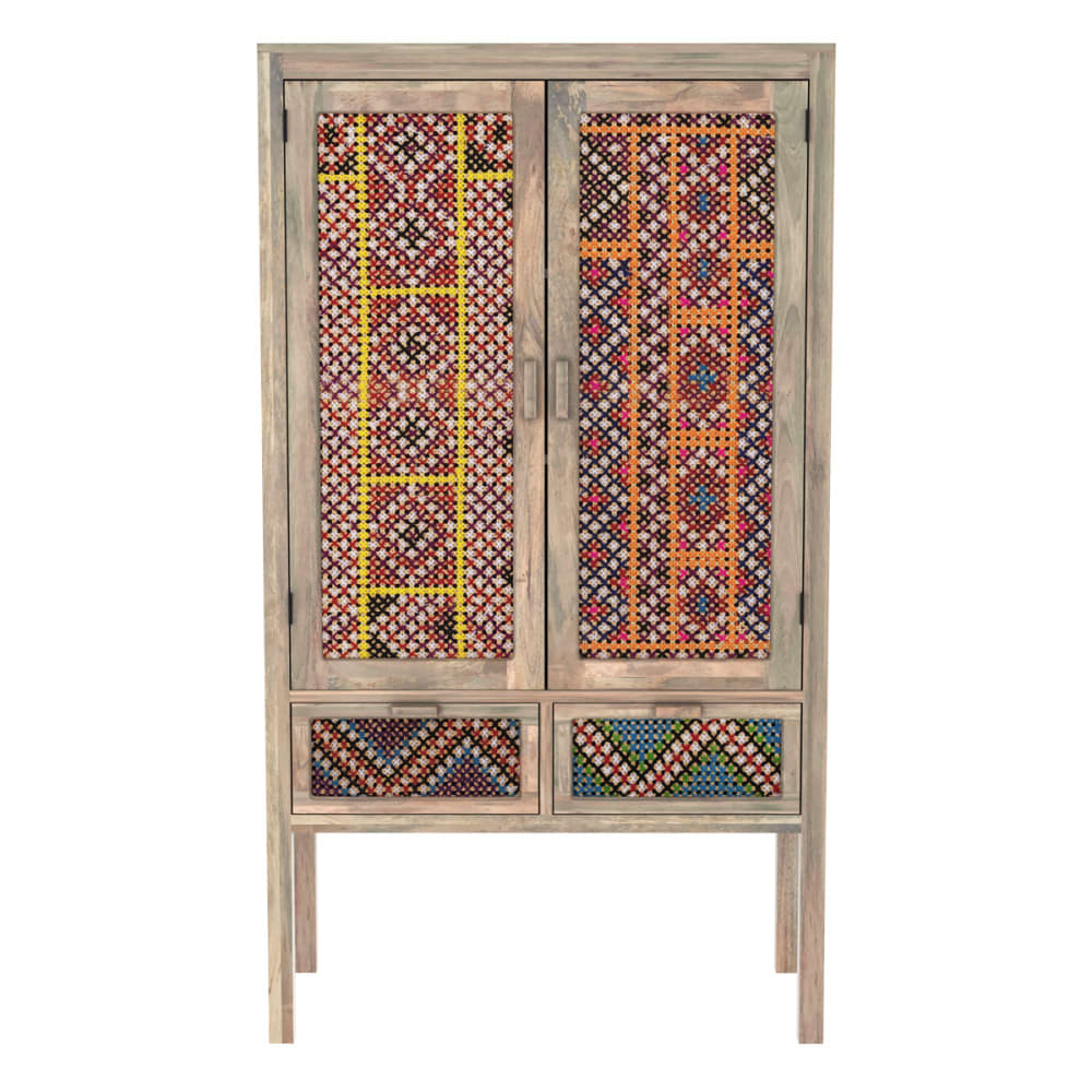 Armoire 2 portes 2 tiroirs en manguier et cannage coloré